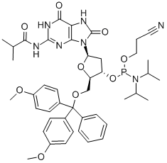 鸟苷,5'-O-[双(4-甲氧基苯基)苯基甲基]-2'-脱氧-7,8-二氢-N-(2-甲基-1-氧代丙基)-8-氧代-,3'-[2-氰乙基双(1-甲基乙基)亚磷酰胺 结构式