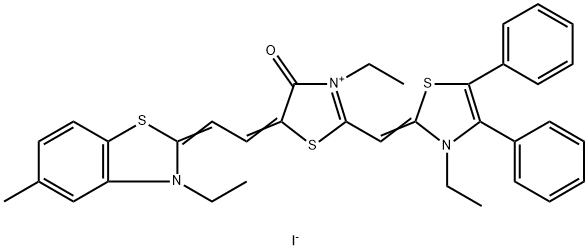 5-(3-ETHYL-5-METHYLBENZTHIAZOLIN-2-YLIDEN)-DIMETHIN-4',5'-DIPHENYL-3'-ETHYLTHIAZOLO-ETHYL-4-OXATHIAZOLIDINO-MONOMETHINCYANIN-IODIDE 结构式