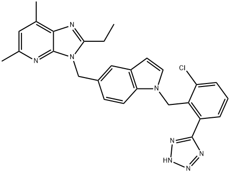 3-((N-(2-tetrazol-5-yl-6-chlorobenzyl)-5-indolyl)methyl)-5,7-dimethyl-2-ethyl-3H-imidazo(4,5-b)pyridine 结构式