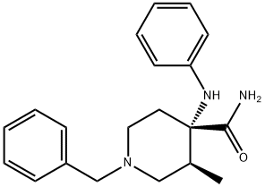 (3S,4S)-1-苄基-3-甲基-4-(苯氨基)哌啶-4-甲酰胺 结构式