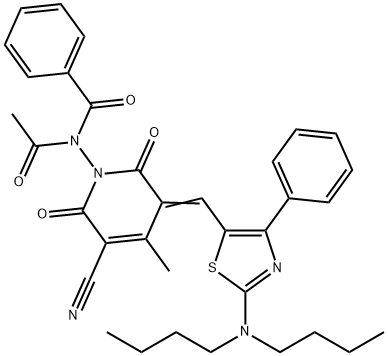 N-acetyl-N-[5-cyano-3-(2-dibutylamino-4-phenylthyazol-5-yl-methylene)-4-methyl-2,6-dioxo-1,2,3,6-tetrahydropyridin-1-yl]benzamide 结构式