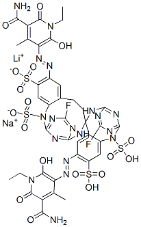 1,3-bis{6-fluoro-4-[1,5-disulfo-4-(3-aminocarbonyl-1-ethyl-6-hydroxy-4-methyl-pyrid-2-on-5-ylazo)-phenyl-2-ylamino]-1,3,5-triazin-2-ylamino}propane lithium-, sodium salt 结构式