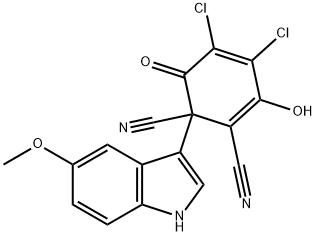 4,5-Dichloro-3-hydroxy-1-(5-methoxy-1H-indol-3-yl)-6-oxocyclohexa-
2,4-diene-1,2-dicarbonitrile 结构式