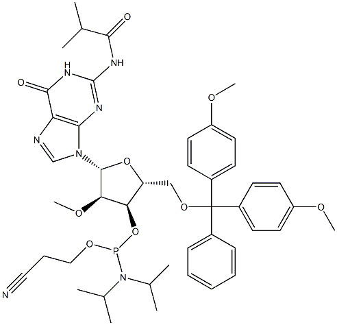 5'-O-(4,4-二甲氧基三苯甲基)-2'-O-甲基-N-异丁酰基鸟苷-3'-(2-氰基乙基-N,N-二异丙基)亚磷酰胺 结构式