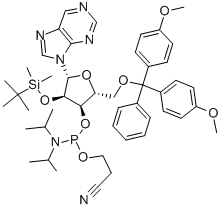 9-[5-O-[二(4-甲氧基苯基)苯基甲基]-3-O-[[二异丙基氨基](2-氰基乙氧基)膦基]-2-O-[(叔丁基)二甲基硅烷基]-BETA-D-呋喃核糖基]-9H-嘌呤 结构式