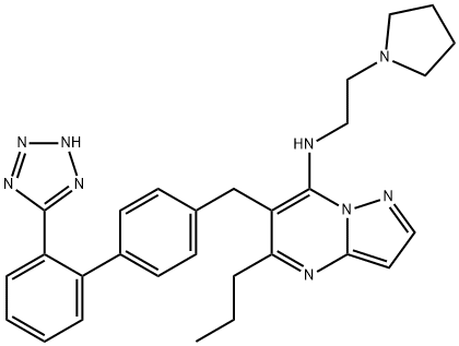 5-Propyl-N-(2-(1-pyrrolidinyl)ethyl)-6-((2'-(1H-tetrazol-5-yl)(1,1'- biphenyl)-4-yl)methyl) pyrazolo(1,5-a)pyrimidin-7-amine 结构式