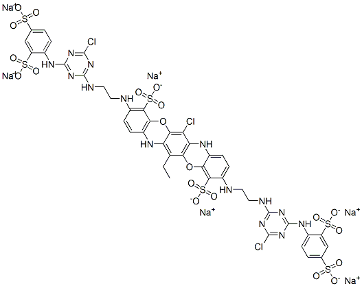6-Chloro-3,10-bis[2-[4-chloro-6-(2,4-disulfophenylamino)-1,3,5-triazin-2-ylamino]ethylamino]-13-ethylbenzo[5,6][1,4]
oxozino[2,3-b]phenoxazine-4,11-disulphonic acid, sodium salt 结构式