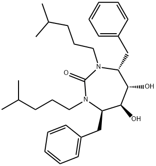 2H-1,3-Diazepin-2-one, hexahydro-5,6-dihydroxy-1,3-bis(4-methylpentyl) -4,7-bis(phenylmethyl)-, (4R,5S,6S,7R)- 结构式