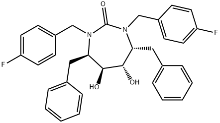 (4R,5S,6S,7R)-4,7-dibenzyl-1,3-bis[(4-fluorophenyl)methyl]-5,6-dihydro xy-1,3-diazepan-2-one 结构式