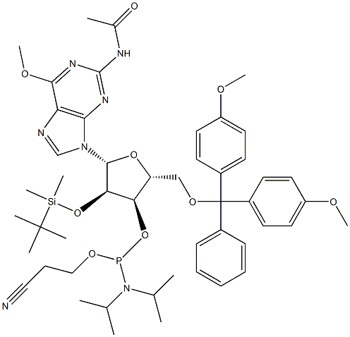 N-乙酰基-5'-O-(4,4-二甲氧基三苯甲基)-2'-O-[(叔丁基)二甲基硅基]-6'-O-甲基鸟苷-3'-(2-氰基乙基-N,N-二异丙基)亚磷酰胺 结构式