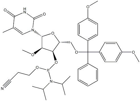 5'-O-[二(4-甲氧基苯基)苯基甲基]-5-甲基-2'-O-甲基尿苷 3'-[2-氰基乙基 二异丙基氨基亚磷酸酯] 结构式