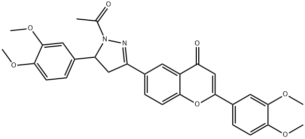 6-[1-acetyl-5-(3,4-dimethoxyphenyl)-4,5-dihydropyrazol-3-yl]-2-(3,4-di methoxyphenyl)chromen-4-one 结构式