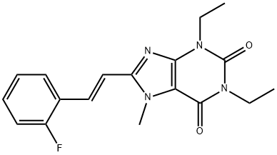 (E)-1,3-Diethyl-8-(2-(2-fluorophenyl)ethenyl)-7-methyl-3,7-dihydro-1H- purine-2,6-dione 结构式