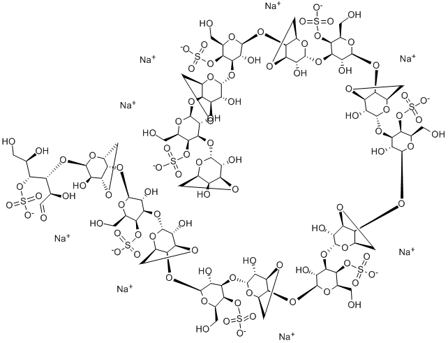 [O-3,6-脱水-ALPHA-D-吡喃半乳糖基-(1-3)-O-4-O-磺基-BETA-D-吡喃半乳糖基-(1-4)]<SUB>7</SUB>-O-3,6-脱水-ALPHA-D-吡喃半乳糖基-(1-3)-D-半乳糖 4-(硫酸氢酯)钠盐 结构式