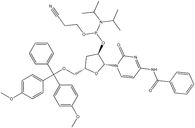 N-苯甲酰基-5'-O-[二(4-甲氧基苯基)苯基甲基]-3'-脱氧胞苷 2'-[2-氰基乙基 二异丙基氨基亚磷酸酯] 结构式