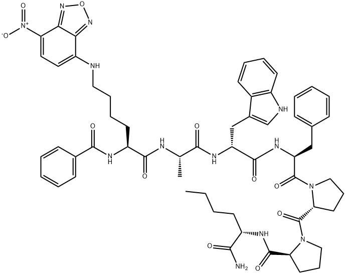 N-alpha-benzoyl-(epsilon-(7-nitrobenz-2-oxa-1,3-diazol-4-yl))lysyl-alanyl-tryptophyl-phenylalanyl-prolyl-prolyl-norleucinamide 结构式