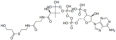 [(2R,3S,4R,5R)-5-(6-aminopurin-9-yl)-4-hydroxy-2-[[hydroxy-[hydroxy-[3-hydroxy-3-[2-[2-(3-hydroxypropanoylsulfanyl)ethylcarbamoyl]ethylcarbamoyl]-2,2-dimethyl-propoxy]phosphoryl]oxy-phosphoryl]oxymethyl]oxolan-3-yl]oxyphosphonic acid 结构式