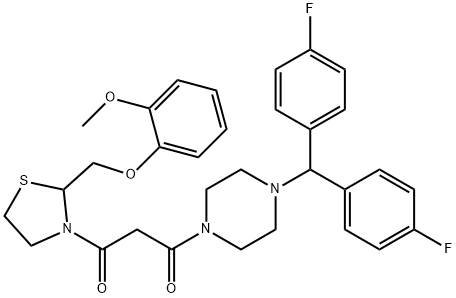 1-[4-[bis(4-fluorophenyl)methyl]piperazin-1-yl]-3-[2-[(2-methoxyphenox y)methyl]thiazolidin-3-yl]propane-1,3-dione 结构式