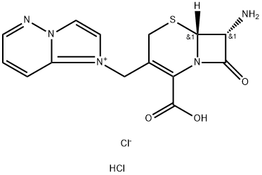 1-[[(6R,7R)-7-氨基-2-羧基-8-氧代-5-硫杂-1-氮杂双环[4.2.0]辛-2-烯-3-基]甲基]咪唑并[1,2-b]哒嗪二盐酸盐 结构式
