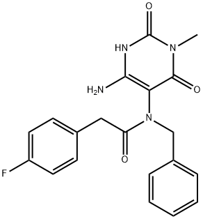 Benzeneacetamide,  N-(4-amino-1,2,3,6-tetrahydro-1-methyl-2,6-dioxo-5-pyrimidinyl)-4-fluoro-N-(phenylmethyl)- 结构式
