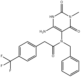 Benzeneacetamide,  N-(4-amino-1,2,3,6-tetrahydro-1-methyl-2,6-dioxo-5-pyrimidinyl)-N-(phenylmethyl)-4-(trifluoromethyl)- 结构式