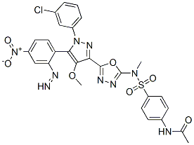 N-[4-[[5-[1-(3-chlorophenyl)-4-methoxy-5-(4-nitrophenyl)diazenyl-pyraz ol-3-yl]-1,3,4-oxadiazol-2-yl]methylsulfamoyl]phenyl]acetamide 结构式