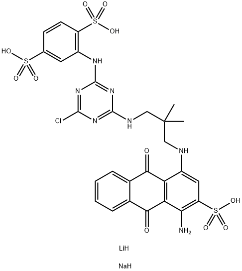 1,4-Benzenedisulfonic acid, 2-4-3-(4-amino-9,10-dihydro-9,10-dioxo-3-sulfo-1-anthracenyl)amino-2,2-dimethylpropylamino-6-chloro-1,3,5-triazin-2-ylamino-, lithium sodium salt 结构式
