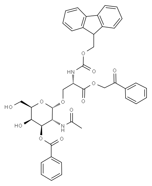 2-乙酰氨基-3-O-苯甲酰基-2-脱氧-Α-D-吡喃半乳糖基FMOC丝氨酸苯甲酰甲基酯 结构式