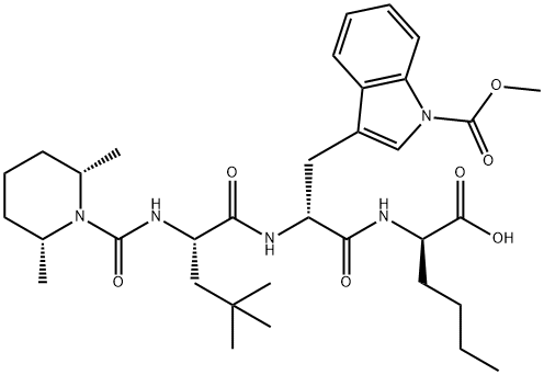 (2R)-2-[[(2R)-2-AMINO-3-(1-METHOXYCARBONYLINDOL-3-YL)PROPANOYL]-[(2S)-2-[[(2R,6S)-2,6-DIMETHYLPIPERIDINE-1-CARBONYL]AMINO]-4,4-DIMETHYLPENTANOYL]AMINO]HEXANOIC ACID 结构式