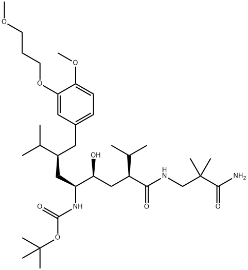 TERT-BUTYL (3S,5S,6S,8S)-8-(3-AMINO-2,2-DIMETHYL-3-OXOPROPYLCARBAMOYL)-6-HYDROXY-3-(4-METHOXY-3-(3-METHOXYPROPOXY)BENZYL)-2,9-DIMETHYLDECAN-5-YLCARBAMATE 结构式