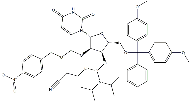 (2R,3R,4R,5R)-2-((BIS(4-METHOXYPHENYL)(PHENYL)METHOXY)METHYL)-5-(2,4-DIOXO-3,4-DIHYDROPYRIMIDIN-1(2H)-YL)-4-((4-NITROBENZYLOXY)METHOXY)TETRAHYDROFURAN-3-YL 2-CYANOETHYL DIISOPROPYLPHOSPHORAMIDITE 结构式