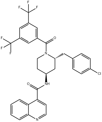 (2R,4S)-N-[1-[3,5-双(三氟甲基)苯甲酰]-2-(4-氯苄基)哌啶-4-基]喹啉-4-甲酰胺 结构式