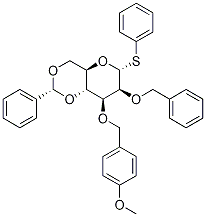 苯基 3-O-[(4-甲氧基苯基)甲基]-2-O-(苯基甲基)-4,6-O-[(R)-苯基亚甲基]-1-硫代-ALPHA-D-吡喃甘露糖苷 结构式