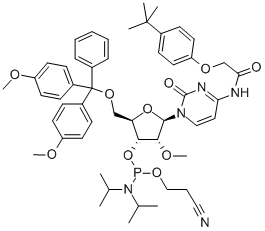 5'-O-(4,4-二甲氧基三苯甲基)-N-[[4-(叔丁基)苯氧基]乙酰基]-2'-O-甲基胞苷-3'-(2-氰基乙基-N,N-二异丙基)亚磷酰胺 结构式