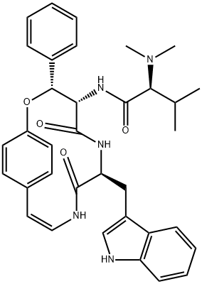 (S)-2-Dimethylamino-N-[(3R,4S,7S)-7-(1H-indol-3-ylmethyl)-5,8-dioxo-3-phenyl-2-oxa-6,9-diazabicyclo[10.2.2]hexadeca-10,12,14(1),15-tetren-4-yl]-3-methylbutanamide 结构式