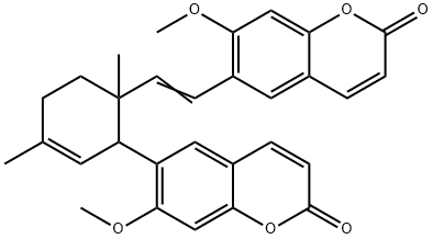 7-Methoxy-6-[2-[2-(7-methoxy-2-oxo-2H-1-benzopyran-6-yl)-1,4-dimethyl-3-cyclohexen-1-yl]vinyl]-2H-1-benzopyran-2-one 结构式