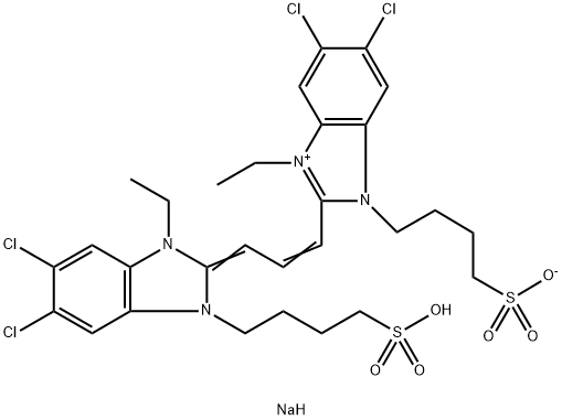 5,6-二氯-2-[[5,6-二氯-1-乙基-3-(4-磺酸基丁基)苯并咪唑-2-亚基]]丙烯基]-1-乙基-3-(4-磺酸基丁基)苯并咪唑内盐钠盐 结构式