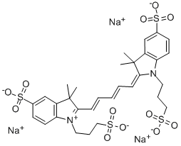 2-[5-[1,3-二氢-3,3-二甲基-5-磺酸基-1-(3-磺酸基丙基)-2H-吲哚-2-亚基]-1,3-戊二烯基]-3,3-二甲基-5-磺酸基-1-(3-磺酸基丙基)-3H-吲哚内盐三钠盐 结构式