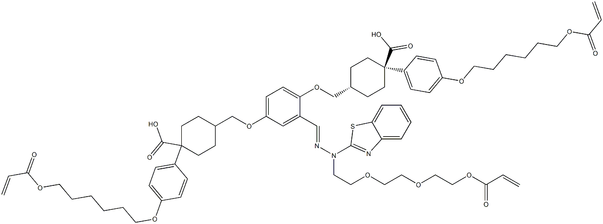 Cyclohexanecarboxylic acid, 4,4'-[[2-[(1E)-3-(2-benzothiazolyl)-13-oxo-6,9,12-trioxa-2,3-diazapentadeca-1,14-dien-1-yl]-1,4-phenylene]bis(oxymethylene)]bis-, 1,1'-bis[4-[[6-[(1-oxo-2-propen-1-yl)oxy]hexyl]oxy]phenyl] ester, (trans,trans)- 结构式