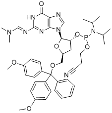 5'-O-[二(4-甲氧基苯基)苯基甲基]-3'-脱氧-N-[(二甲基氨基)亚甲基]鸟苷 2'-[2-氰基乙基 N,N-二异丙基氨基亚磷酸酯] 结构式