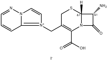 1-[[(6R,7R)-7-氨基-2-羧基-8-氧代-5-硫杂-1-氮杂二环[4.2.0]辛-2-烯-3-基]甲基]咪唑并[1,2-B]哒嗪碘化物 结构式