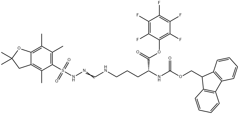 N5-[[[(2,3-二氢-2,2,4,6,7-五甲基-5-苯并呋喃基)磺酰基]氨基]亚氨基甲基]-N2-[(9H-芴-9-基甲氧基)羰基]-D-鸟氨酸五氟苯酯 结构式