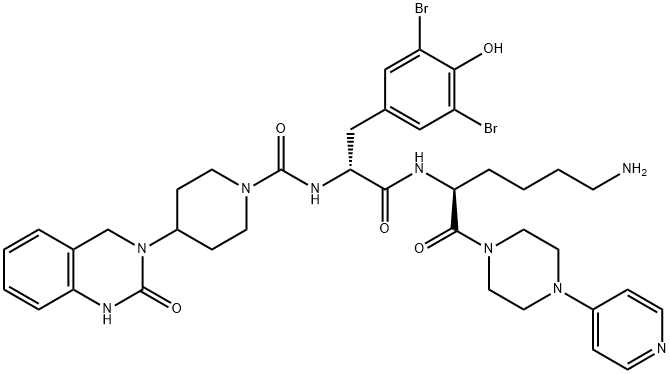 N-[2-[5-氨基-1(S)-[4-(4-吡啶基)哌嗪-1-甲酰基]戊基氨基]-1(R)-(3,5-二溴-4-羟基苄基)-2-氧代乙基]-4-(2-氧代-1,2,3,4-四氢喹唑啉-3-基)哌啶-1-甲酰胺 结构式