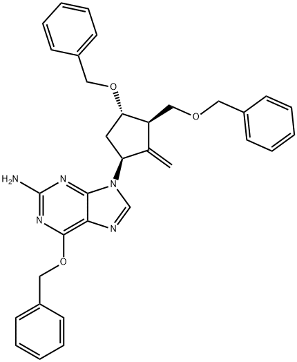 6-苄氧基-9-[(1S,3R,4S)-2-亚甲基-4-苄氧基-3-苄氧基甲基环戊基]-9H-嘌呤-2-胺 结构式