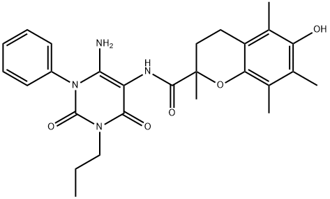 2H-1-Benzopyran-2-carboxamide,  N-(6-amino-1,2,3,4-tetrahydro-2,4-dioxo-1-phenyl-3-propyl-5-pyrimidinyl)-3,4-dihydro-6-hydroxy-2,5,7,8-tetramethyl- 结构式