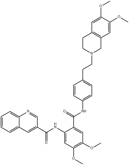 N-[2-[[4-[2-(6,7-二甲氧基-3,4-二氢-1H-异喹啉-2-基)乙基]苯基]氨基甲酰基]-4,5-二甲氧基苯基]喹啉-3-甲酰胺 结构式