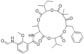 N-(15-Benzyl-10-sec-butyl-3-isopropyl-7,13,13-trimethyl-2,5,9,12,14-pentaoxo-1,4,8,11-tetraoxacyclopentadeca-6-yl)-3-formylamino-2-methoxybenzamide 结构式