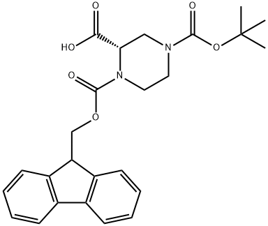 (S)-1-(((9H-芴-9-基)甲氧基)羰基)-4-(叔丁氧基羰基)哌嗪-2-羧酸 结构式