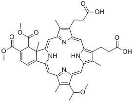 23H,25H-Benzo[b]porphine-9,13-dipropanoic acid, 4,4a-dihydro-3,4-bis(methoxycarbonyl)-18-(1-methoxyethyl)-4a,8,14,19-tetramethyl- 结构式