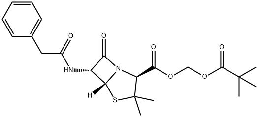 6-[(苯乙酰基)氨基]-3,3-二甲基-7-氧代-4-硫杂-1-氮杂双环[3.2.0]庚烷-2-羧酸叔(特)戊酰氧甲酯 结构式